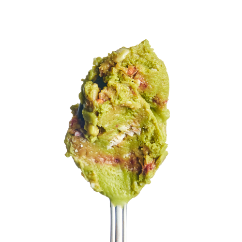 Lody o smaku Matcha z białą czekoladą i malinami